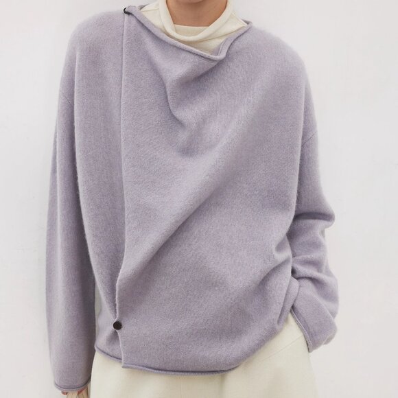 CHICJOC Asymmetric Draped Neck Wool–Cashmere Cardigan Soft Mist Purple size 36 - Picture 4 of 7